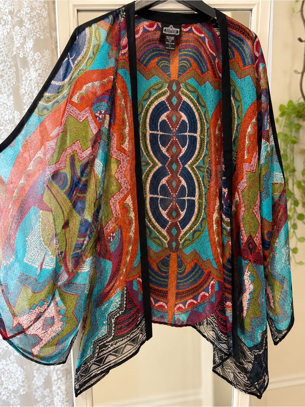 ANGIE Boho Sheer Geometric Print Open Front Kimono Cardigan Large - Picture 2 of 3
